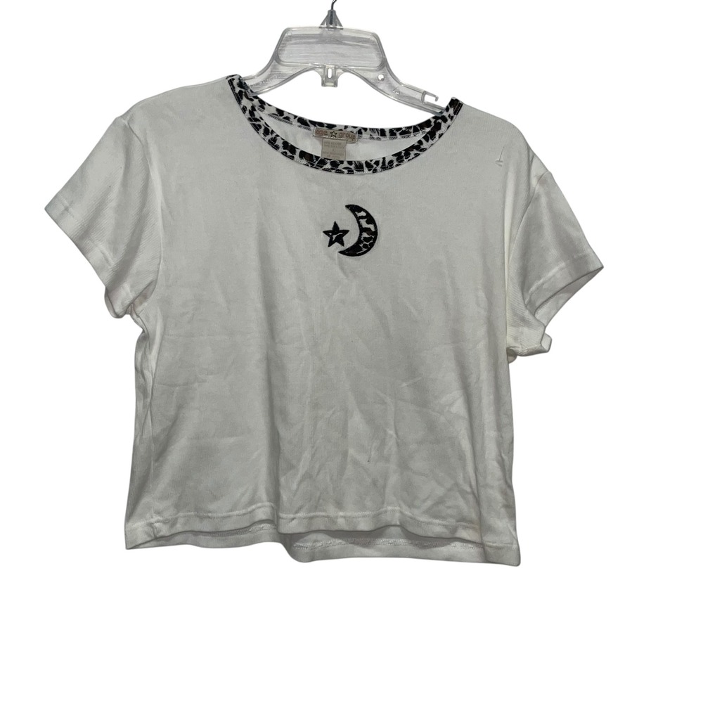 Age Group‎ White Cropped T Shirt Moon Star Graphic Leopard Collar Women's L Y2K